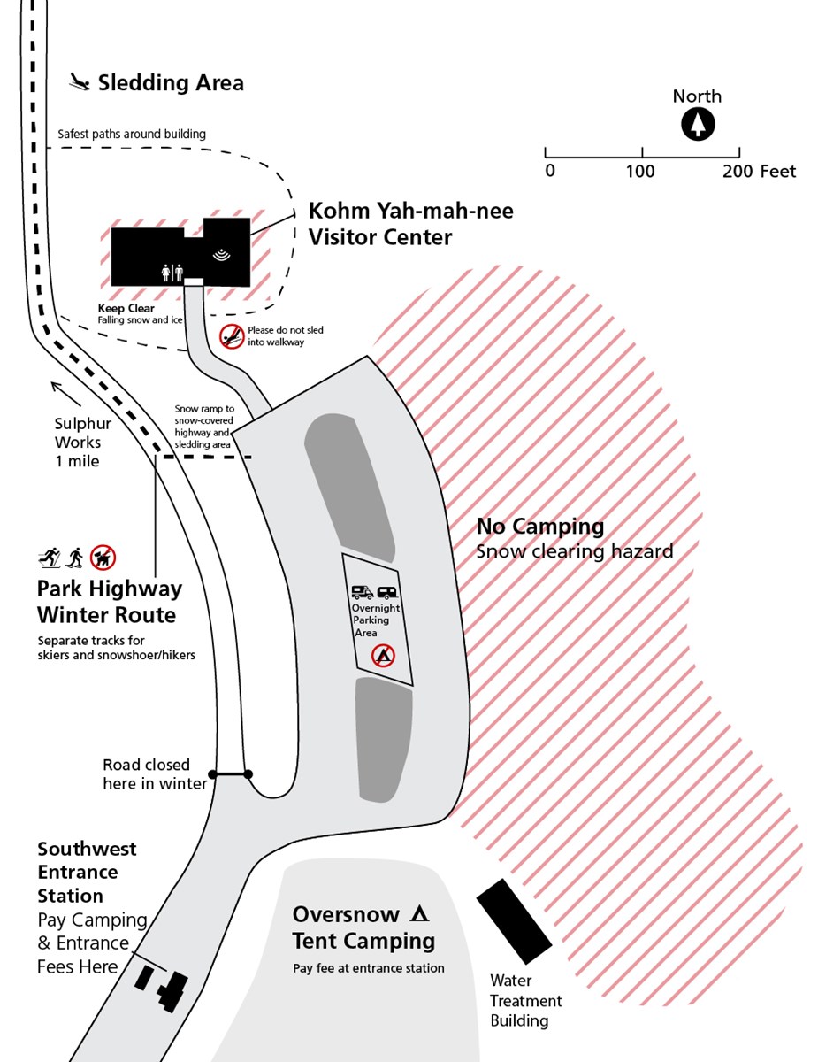 Map of the Southwest Area in the winter. Map of Southwest Area including visitor center, parking area, campground, and highway.
