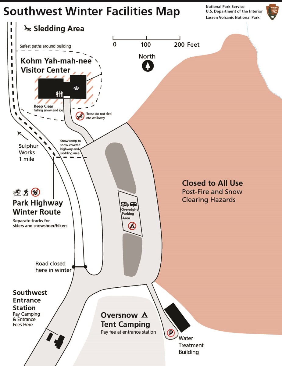 Map of Southwest Area including visitor center, parking area, campground, and highway