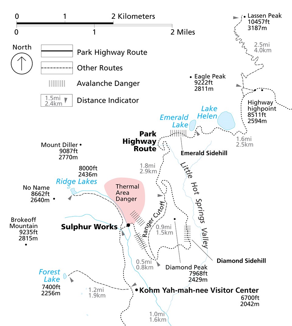 A map shows winter routes in the southwest corner of the park. Lines denotes the park highway route an a number of other winter routes described in the text above.
