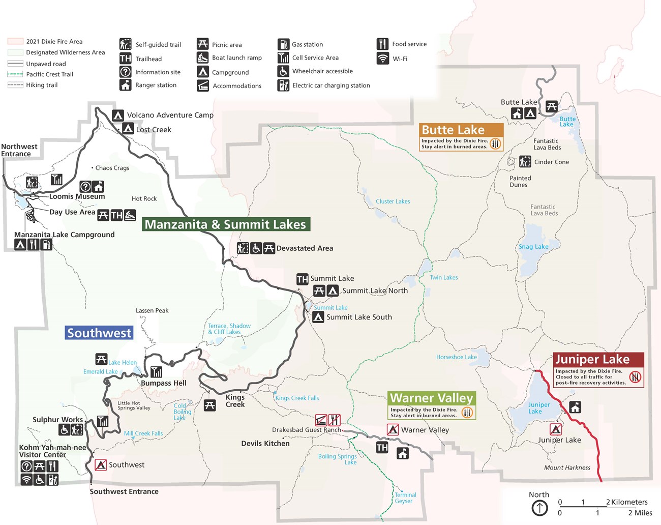 A map of Lassen Volcanic showing closures, the Dixie Fire burn area, park roads, trails, and park amenities including campgrounds, visitor centers, and picnic areas.