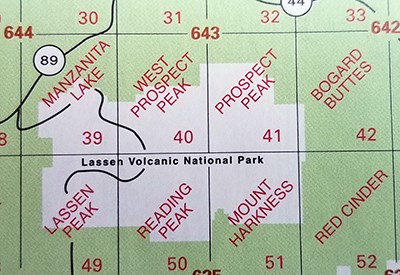 Map of the park showing division into USGS quad topographic maps (list in text at left)