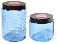 Two opaque blue plastic canisters with black lids for storing food and scented items.