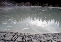 view of grey boiling springs lake with caked mud surrounding shore