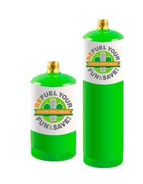 Two green refillable propane canisters