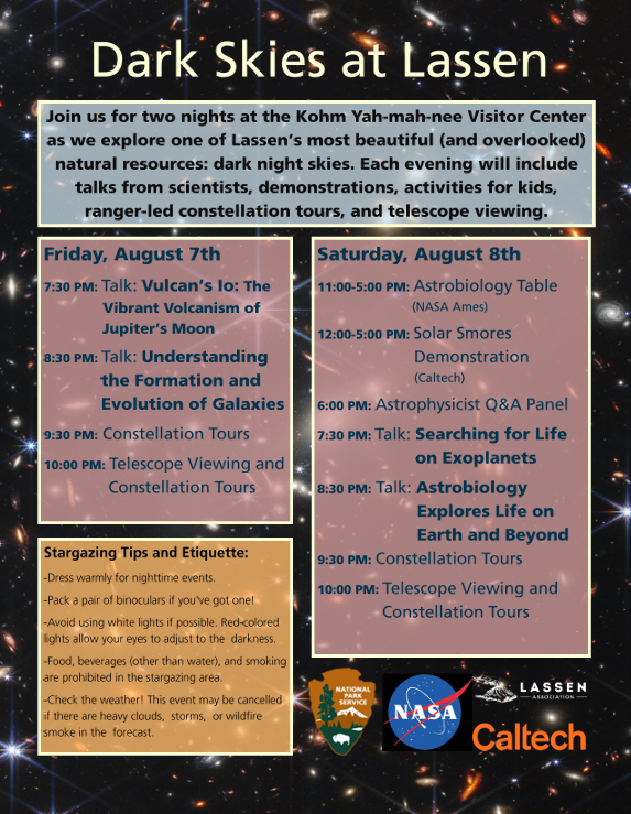 A flyer detailing the Dark Skies at Lassen event schedule