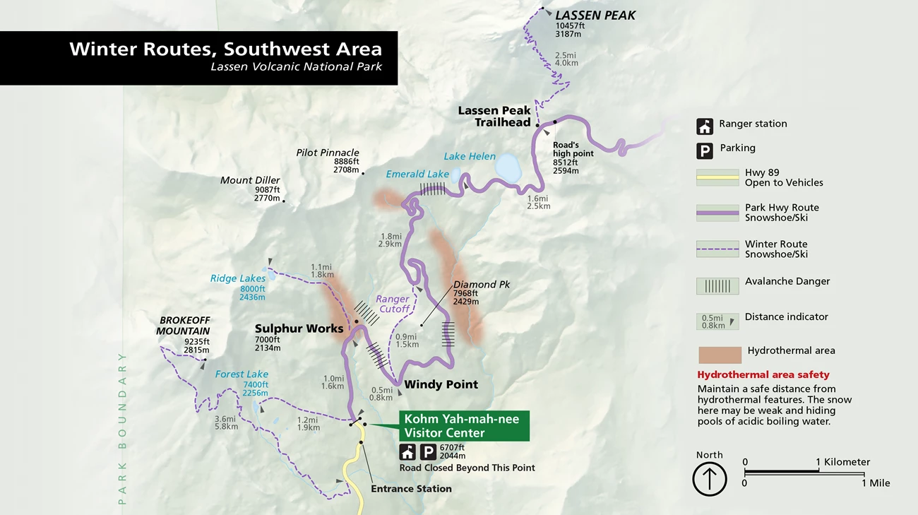 southwest area winter routes NPS map showing winter routes and park features in southwest area