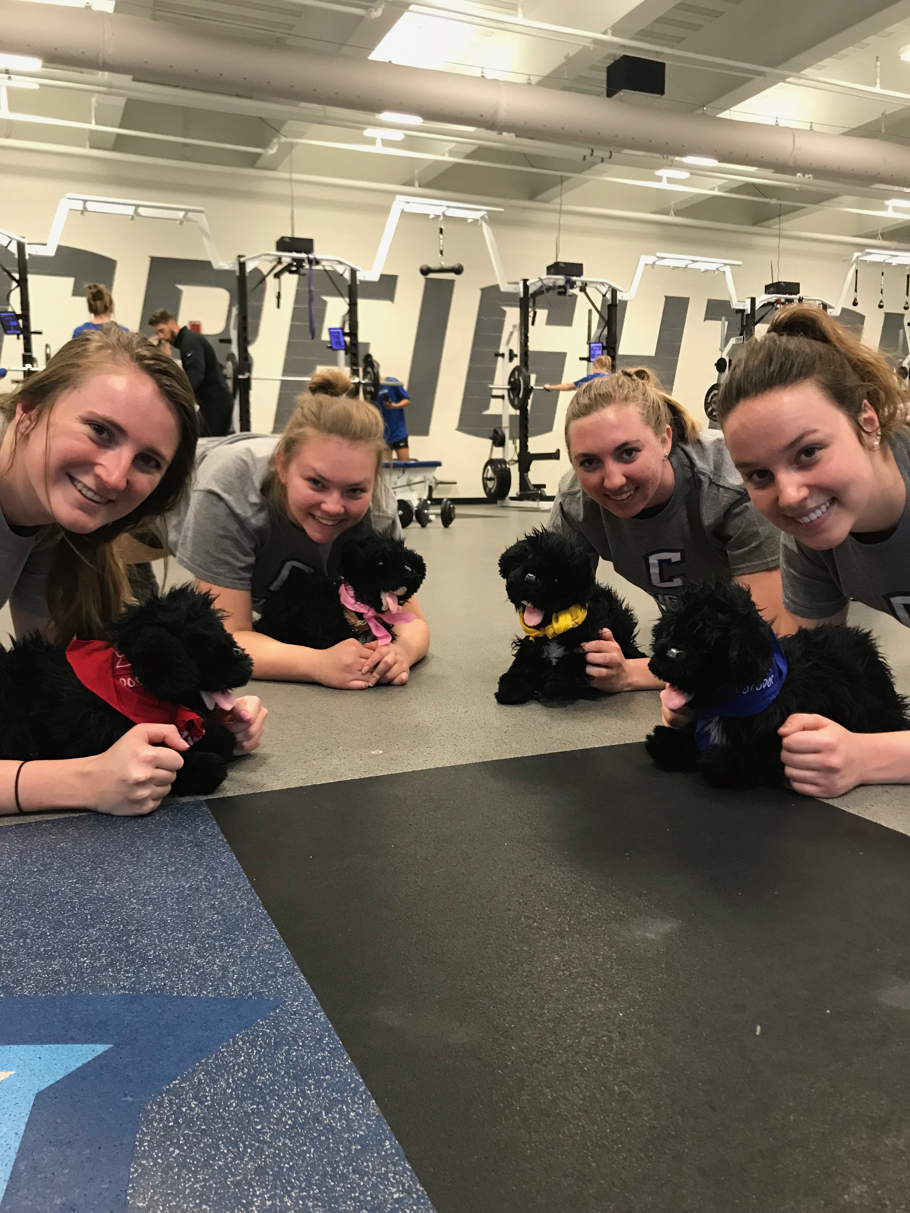 Four women on the floor with pups