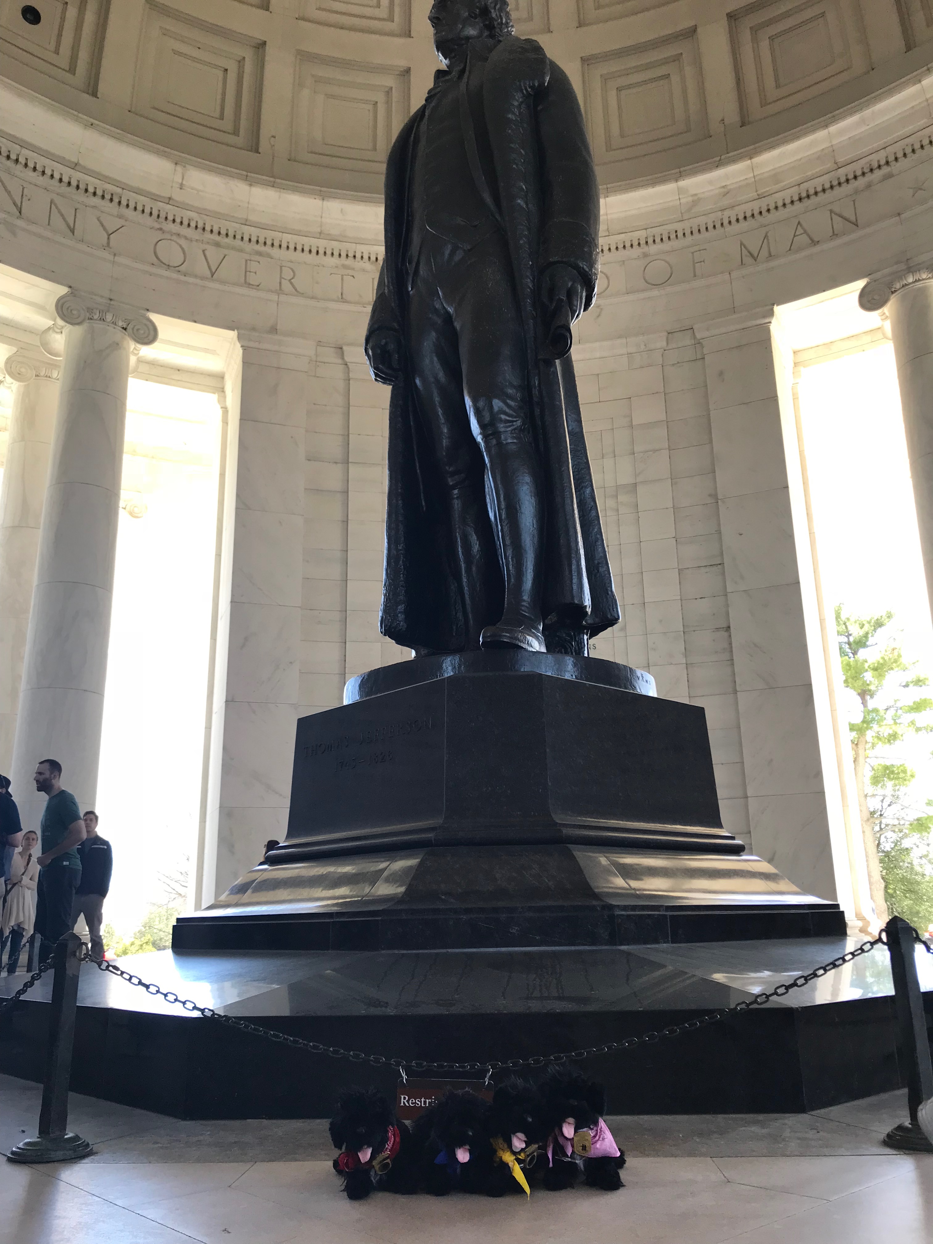 four stuffed pups in front of statue of Thomas Jefferson