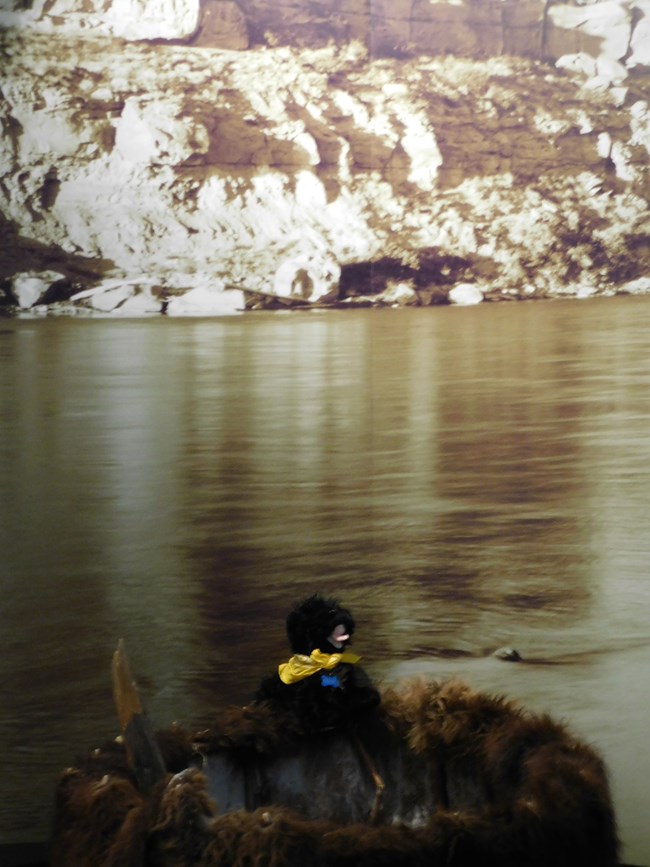 stuffed pup near river