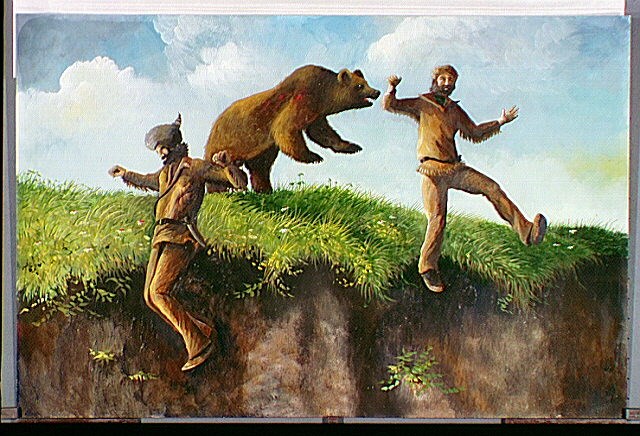 Drawing of men and a bear