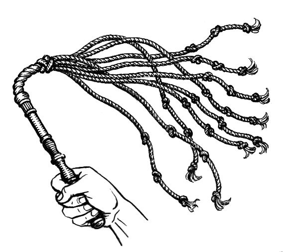 A cat-of-nine-tails made from rope A line drawing of a hand holding a handle from which extend nine strands of rope. Knots are tied in the strands at various points.
