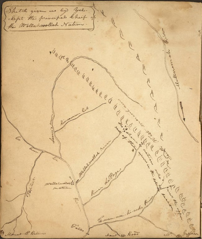 An aged, yellowed, hand-drawn map showing the Columbia River, the village of the Walla Wallas, several tributary rivers, falls, Mount Hood, Mount St. Helens, and Mount Jefferson.