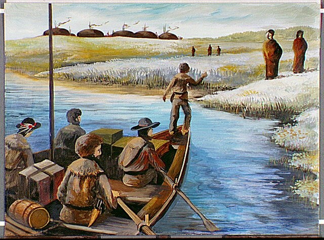 illustration of Men arriving by boat to Mandan Indian village. Snowy banks. Earth lodges beyond.