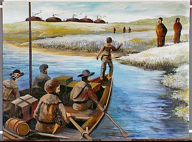 1f3897ccec194a29a62ea9b5edb8c5a9Original illustration of Men arriving by boat to Mandan Indian village. Snowy banks. Earth lodges beyond.