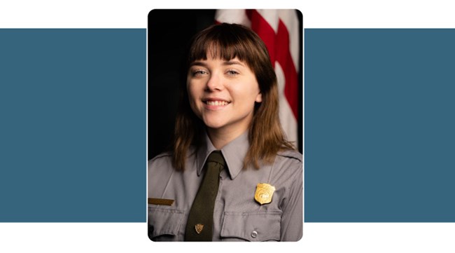 Portrait of woman in Park Service Uniform, shoulder length brown hair, American flag background