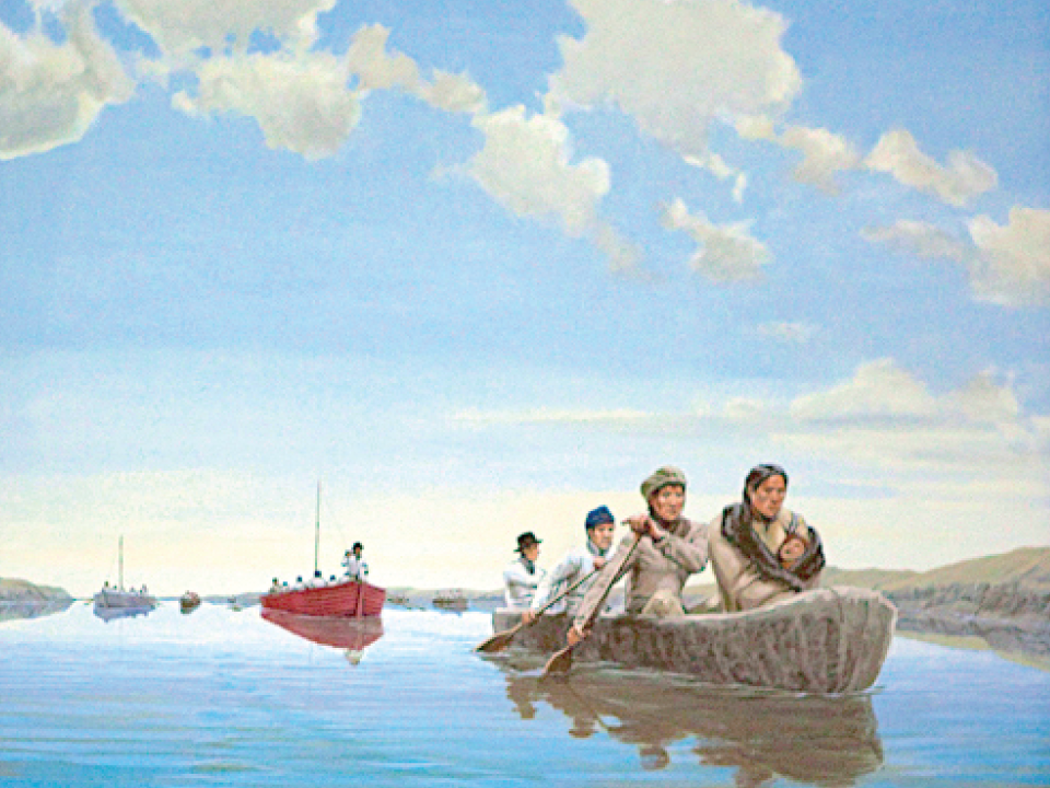 Painting. Canoe in foreground with Sacagawea in the front and three men seated behind. One red boat and a few other boats in the distance.