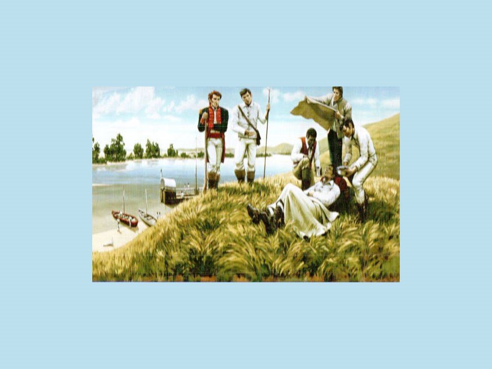 Charles-Floyd-Sioux City Public Museum Painting. Three soldiers are attending to Floyd while the Captains are observing. Below, the keelboat is seen at the edge of the river.