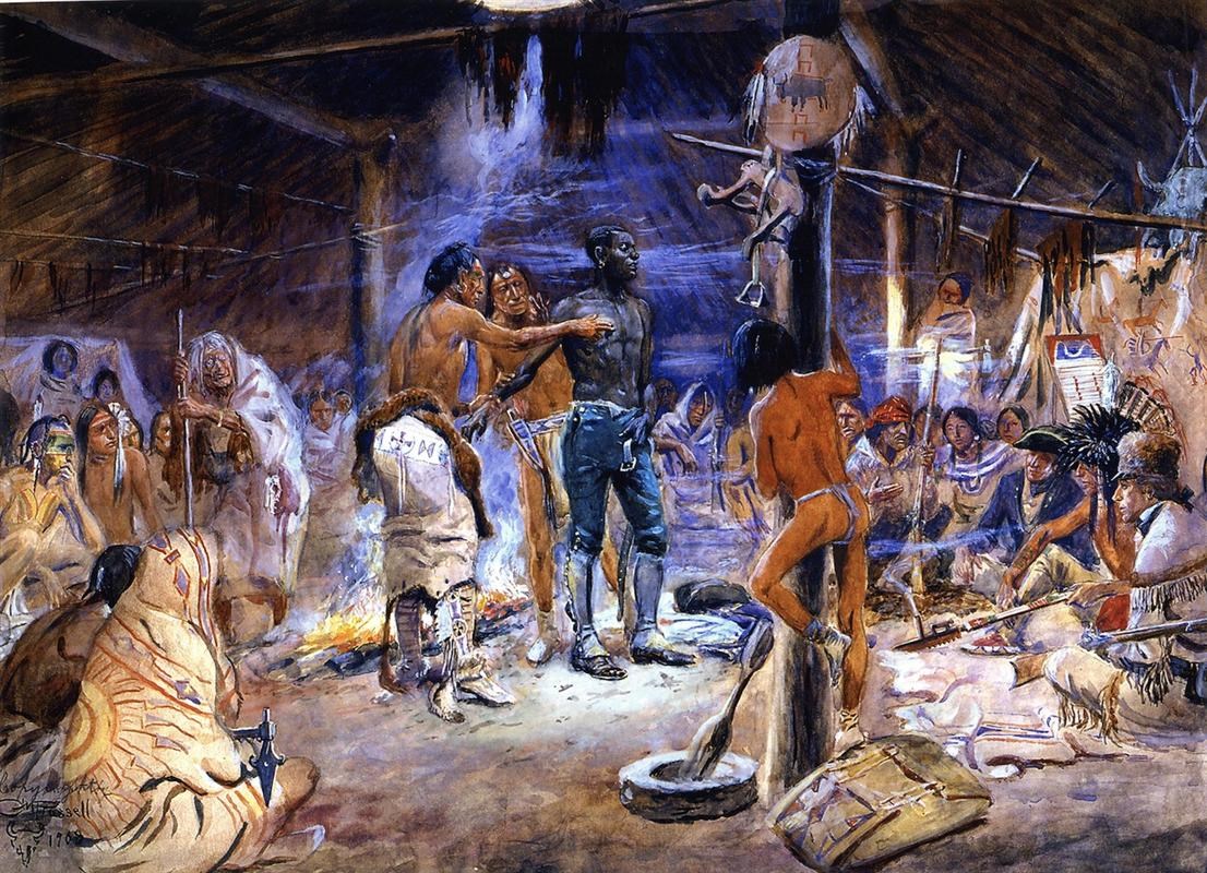 Painting. Tall black man stands in center of earth lodge. Tribal members examine him while the rest are seated and look on.