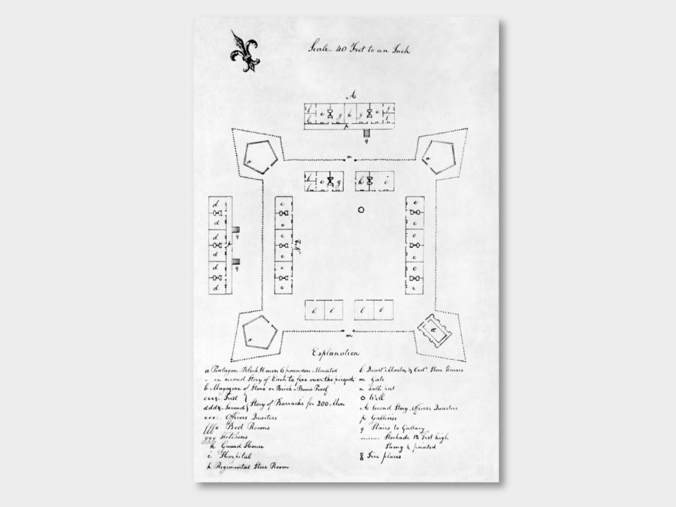 Fort-Fayette A line drawing of the layout of Fort Fayette, with a listing of building. The fort was primarily a square with a pointed, protruding blockade at each corner. Inside the fort were approximately 12 buildings.