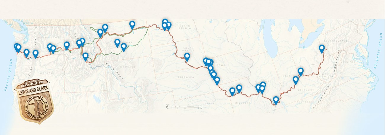 Map of Lewis and Clark Trail with 30+ blue location pins across the route. Junior Ranger badge