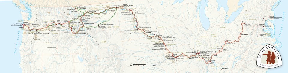 zoomed out map of Lewis and Clark Trail. Route winds from Pittsburgh to the Pacific Ocean. Down the Ohio River, up the Missouri River, acorss the Rocky Mountains, and west along the Columbia River.