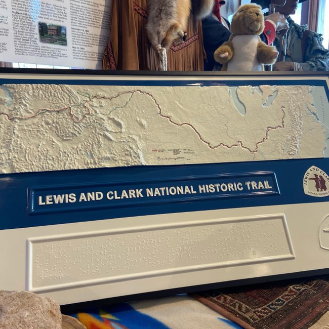 Lewis-and-Clark-Trail-Tactile-Map-2021 3D map of Lewis and Clark Trail. Braille Panel. Text raised to touch.
