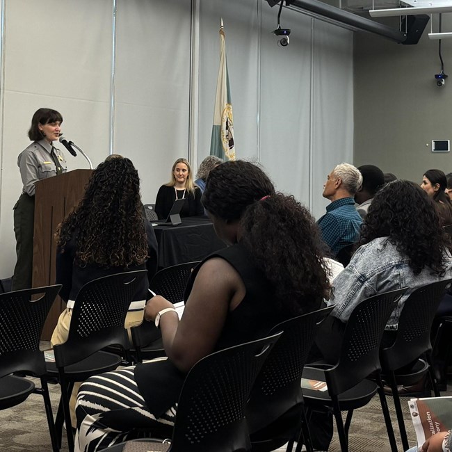 a woman speaks at a podium in front of an audience