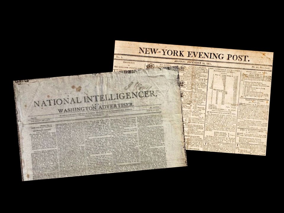 Two old newspapers. One is titled National Intelligencer. The other, New York Evening Post