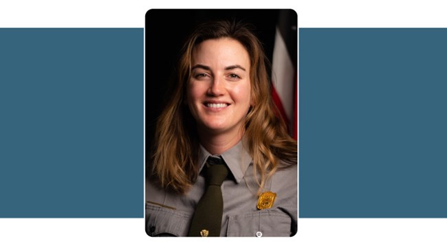 Portrait of woman in Park Service Uniform. Shoulder length dark blonde hair. American Flag background