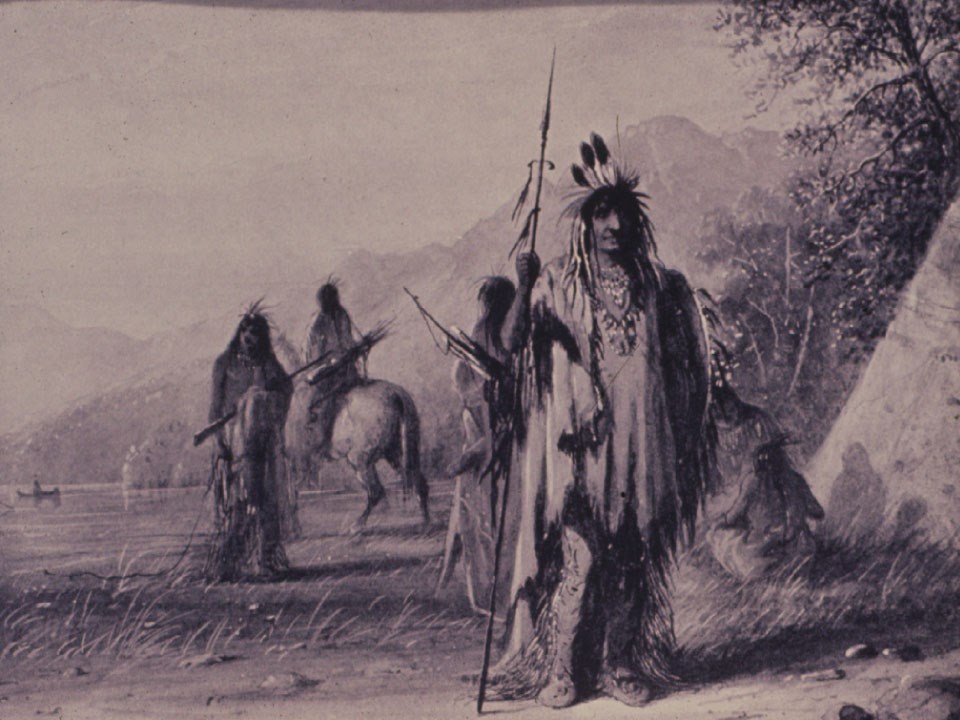 Black and white painting of a Shoshone camp showing four people with the mountains behind them.
