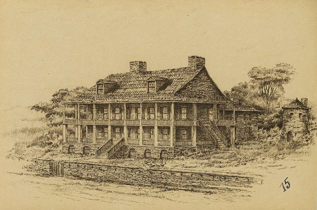 old ink drawing of a Chouteau’s house. The building has two stories, each with a wraparound porch. The front of the house has a staircase leading to the entrance. It is surrounded by grass and trees, with a fence out in front of the yard.