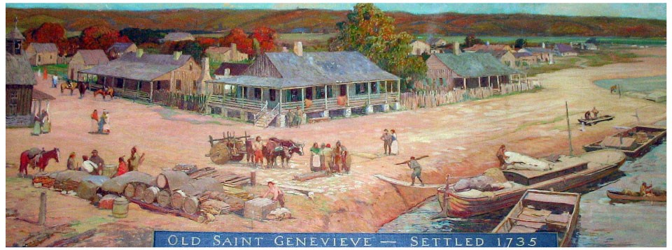 Ste.-Genevieve_Oscar-E.-Berninghous Painting of riverfront early 1800s town with boats ashore.