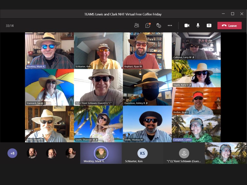 Volunteer-Appreciation-virtual-party-Lewis-and-Clark-Trail-2021 Screenshot of virtual party. Participants are dressed in tropical shirts with tropical backgrounds. Some where sunglasses, hats.