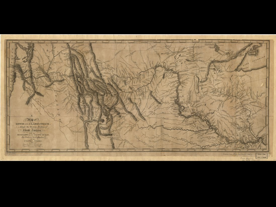 William-Clark-Map-Library-of-Congress A map of the western half of the United States with mountains, rivers and lakes