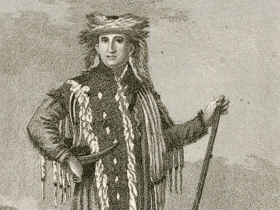 Lithograph style historic portrait of man in buckskins