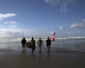 Lewis and Clark reenactors approach the Pacific Ocean. Lewis and Clark reenactors approach the Pacific Ocean.