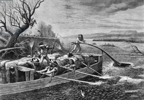 A black-and-white illustration of a small Mackinaw boat (a flat-bottomed boat with a pointed prow) moving to the viewer’s left.  Several men are rowing the boat and a man standing at the stern managing the huge rudder.  The boat appears to be filled with