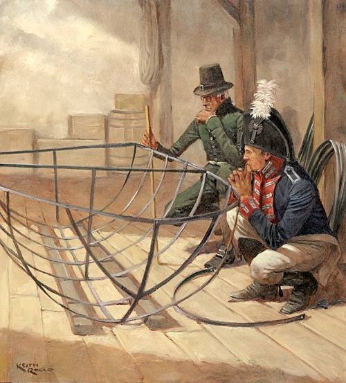 Artist's rendering depicts Federal Armory Superintendent Joseph Perkins (left) and Captain Meriwether Lewis inspecting the assembled iron boat (canoe) frame at Harpers Ferry, Virginia (now West Virginia).