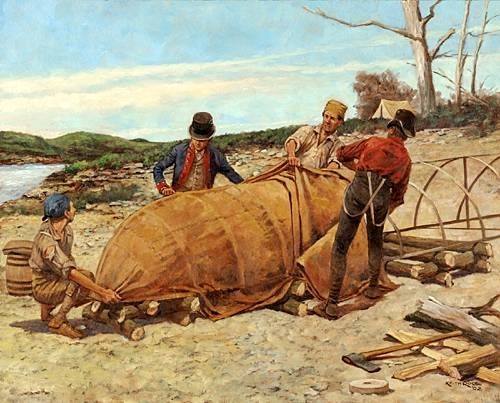 Artist's rendering depicts (l-r) Joseph Field, Captain Meriwether Lewis, Patrick Gass, and John Shields stretching leather skins over the iron boat (canoe) frame of "The Experiment" on the banks at the Great Falls of the Missouri River.