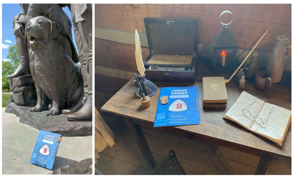 Lewis-and-Clark-Trail-Junior-Ranger-Book-at-Fort-Steuben-and-Betty-Strong-Encounter-Center-2021 Photo 1. Blue booklet beneath newfoundland dog statue. Photo 2. blue booklet on historic replica writing desk with quill pen, old spectacles, and lantern.