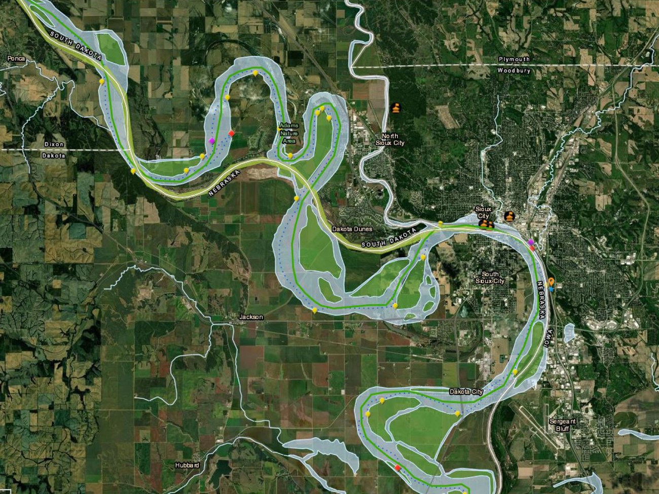 Park-Atlast-LECL-Digital-Annual-Report Park Atlas with Satellite view. Missouri River winds around NE, SD, and IA. Mosaic of development, farms, prairie.