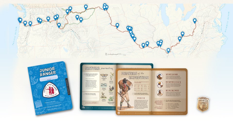Map of U.S. Lewis and Clark Trail is dotted with 34 blue location pin icons. Blue activity booklet cover. Two activity pages open with animals and historical figures.