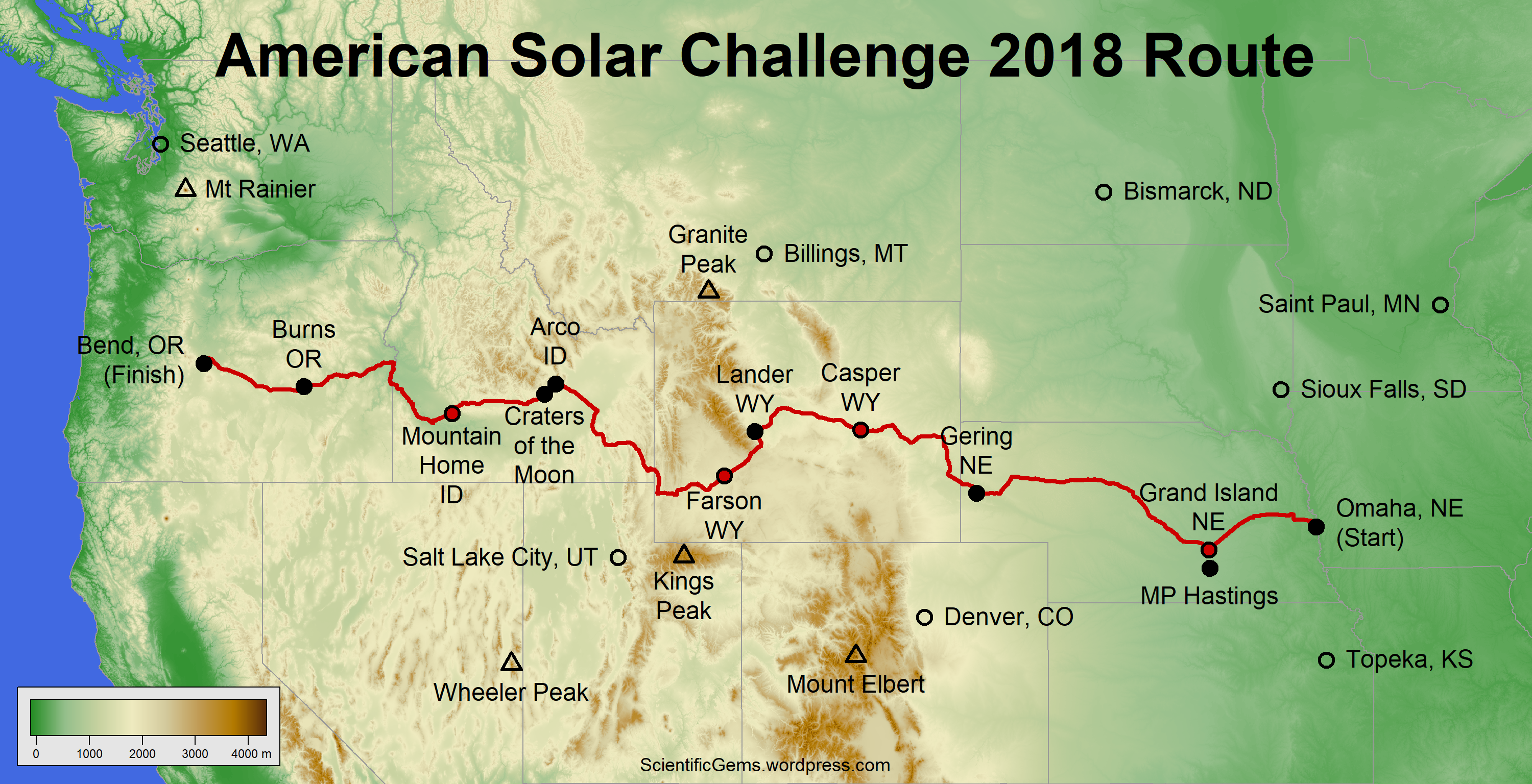 American Solar Challenge 2018 Route Map