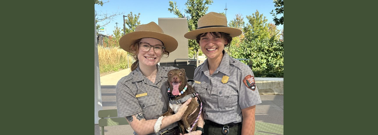 two women in park ranger uniforms holding a small brown dog