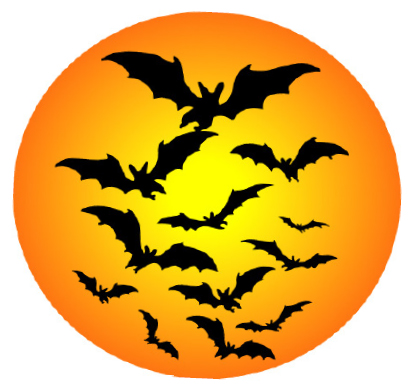VC_Advert Bats, Owls and Spiders, Oh My_2019 An orange moon with multiple bats flying in front of it