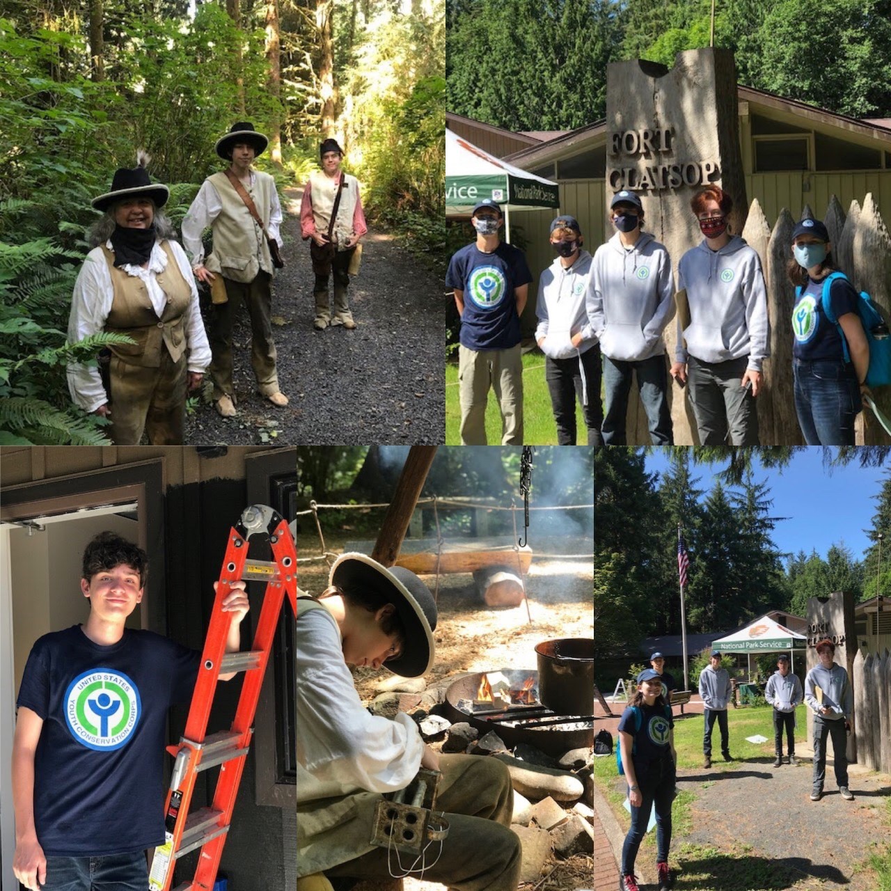 Youth Conservation Corp Members A mosaic of photos of different YCC workers employed in different tasks, both in work uniform and in historical costume