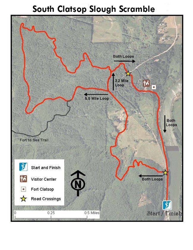 Image of the route for the 10k and 5k runs overlaid on a satellite photo of the trails