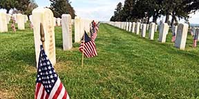 Small American flags next to white headstones in the Custer National Cemetery.