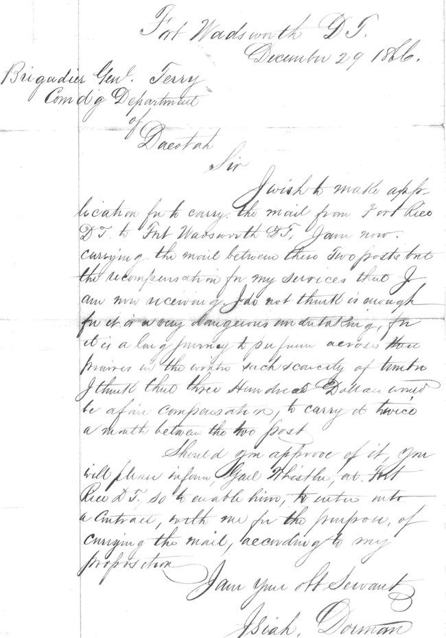 Handwritten letter from Dorman to Terry applying for a mail position from Fort Rice to Fort Wadsworth.