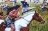 Painting of a man on a horse with a battle happening around him